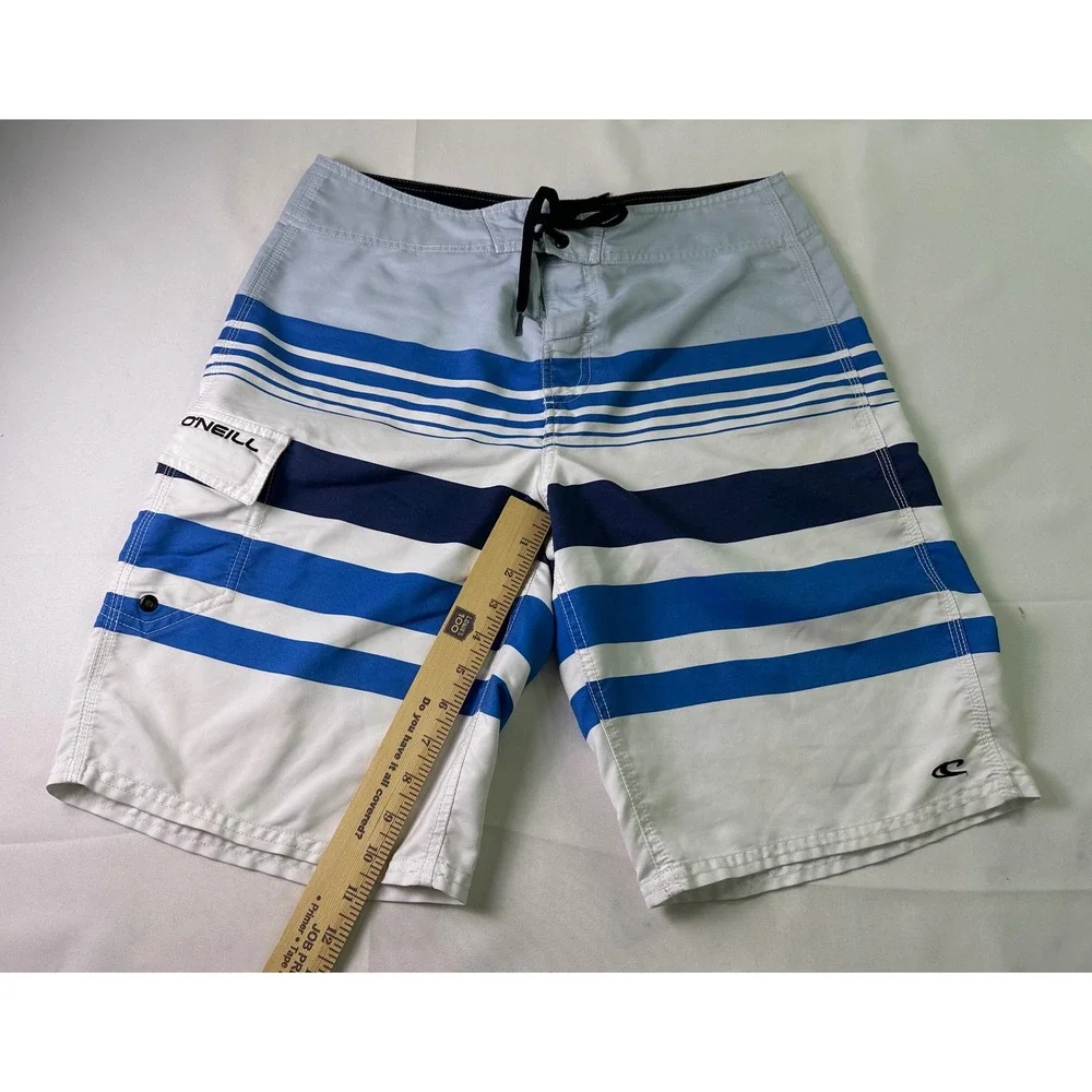O'Neill Mens Sz 32 Board Shorts Blue White Striped Surf Swim Trunks Cargo Pocket